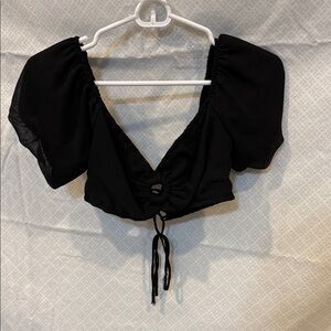 Black Puff-Sleeve Tie-Front Crop Top